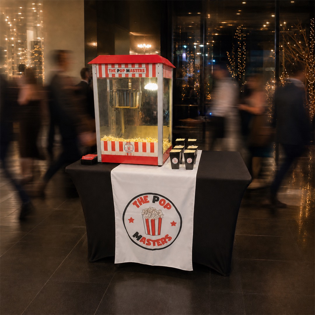 The Pop Masters mobile popcorn cart set up at an event